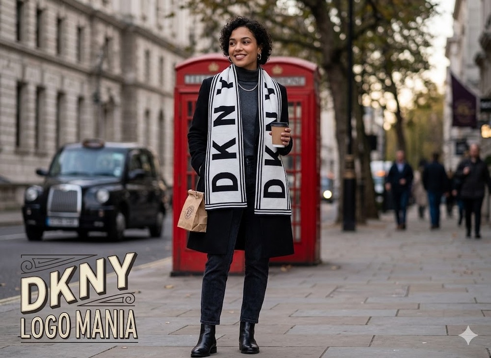 DKNY Stadium Logo Spellout Scarf Black & White NWT wrap winter cold weather